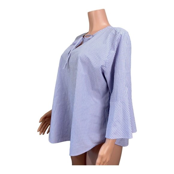 VAN HEUSEN Women SZ XXL Blue/Pink Gingham Print Basic Top Blouse Bell Sleeve - Picture 8 of 10